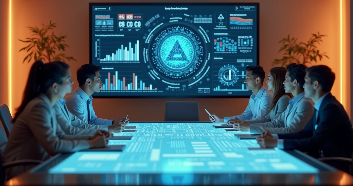 Equipe corporativa analisando gráficos de inteligência artificial em tela digital