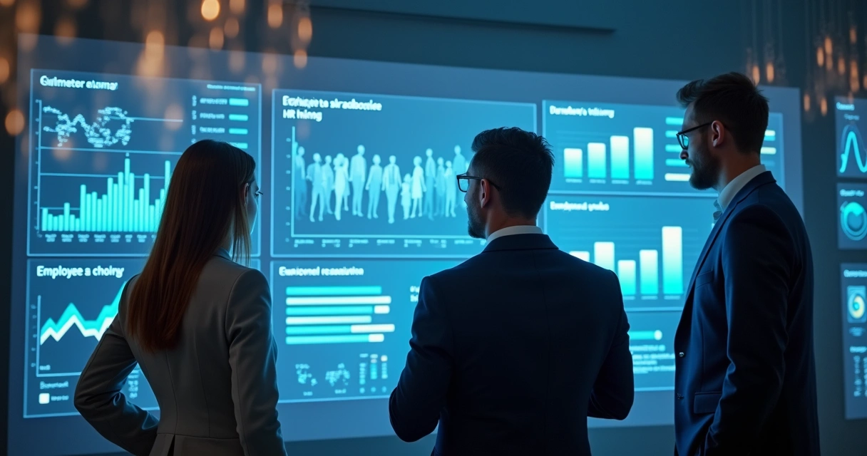 Gestores analisando dados de RH em painéis digitais