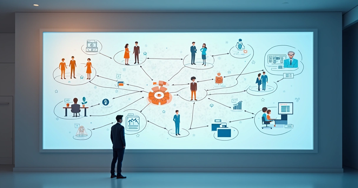 Mapa digital de fluxo de trabalho e interações em organização