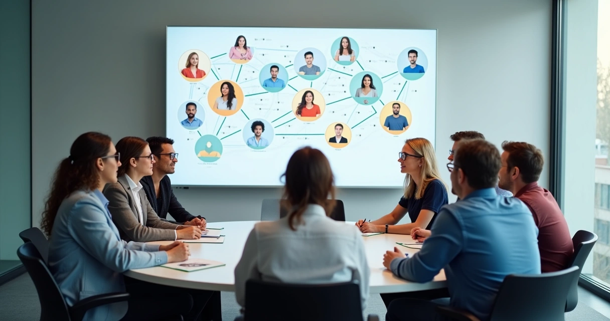 Equipe diversificada em reunião sobre redistribuição de talentos
