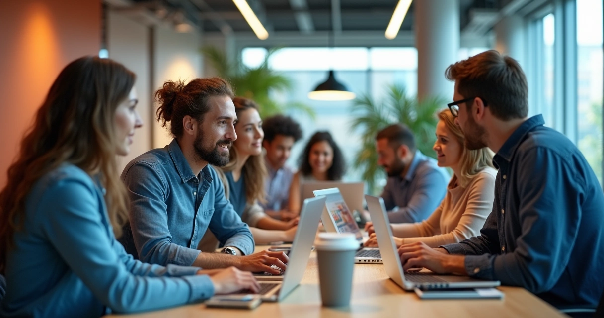 Equipe diversa com talentos internos e externos colaborando