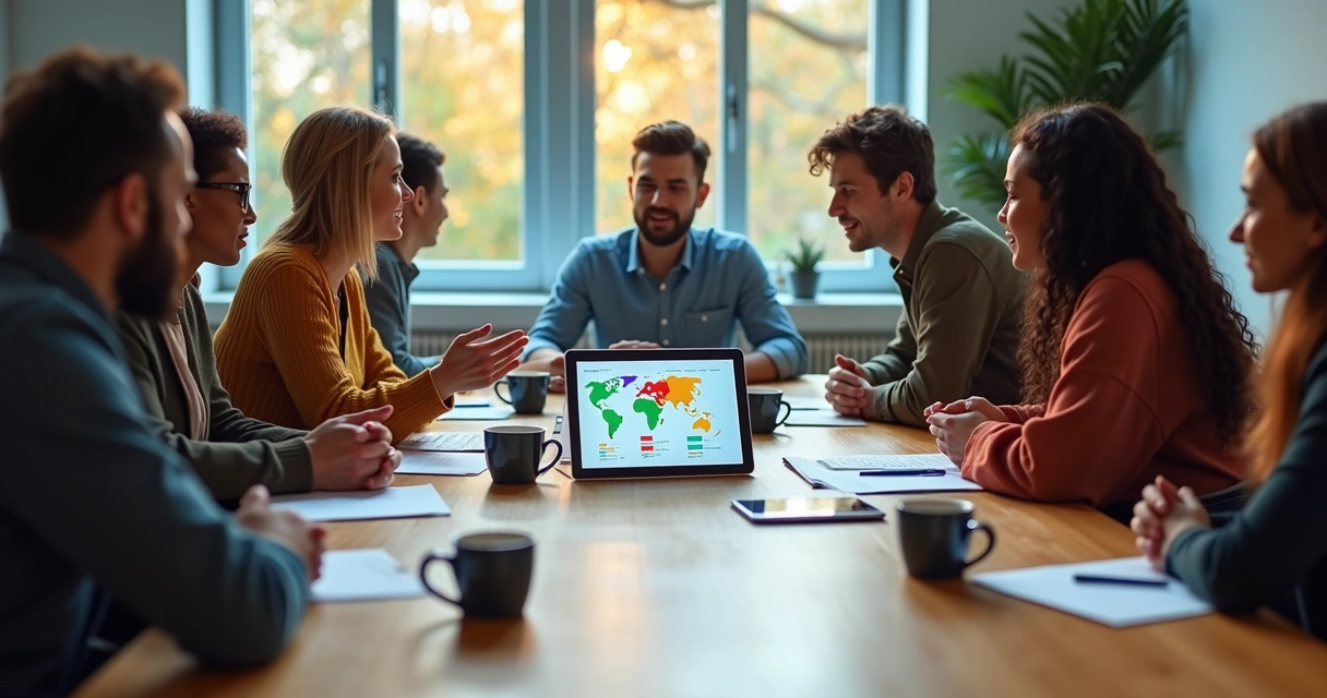 Equipe híbrida reunida, notebook e tablet com painel de IA de competências