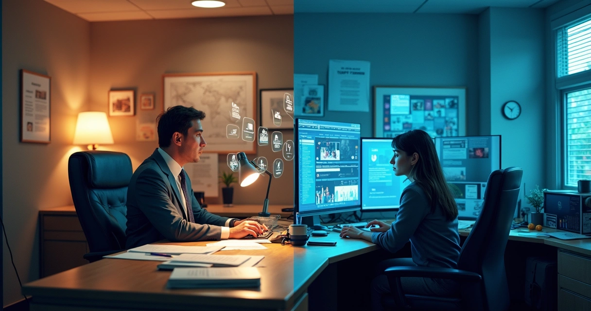 Comparação visual entre escritório tradicional dos anos 80 e home office tecnológico atual