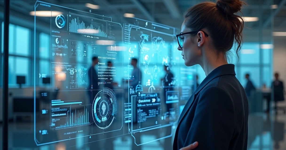 Executivo de RH em escritório moderno com hologramas de IA e mapas de habilidades