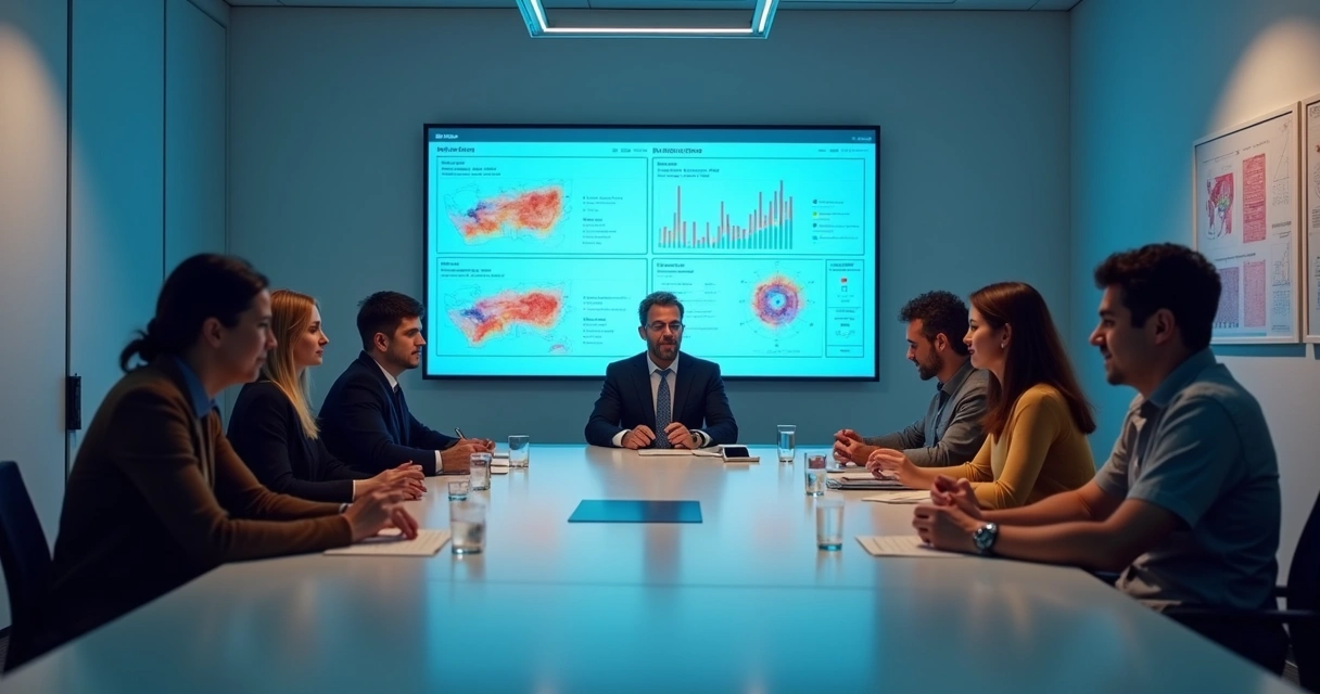 Time de RH analisando dados de IA em telas interativas