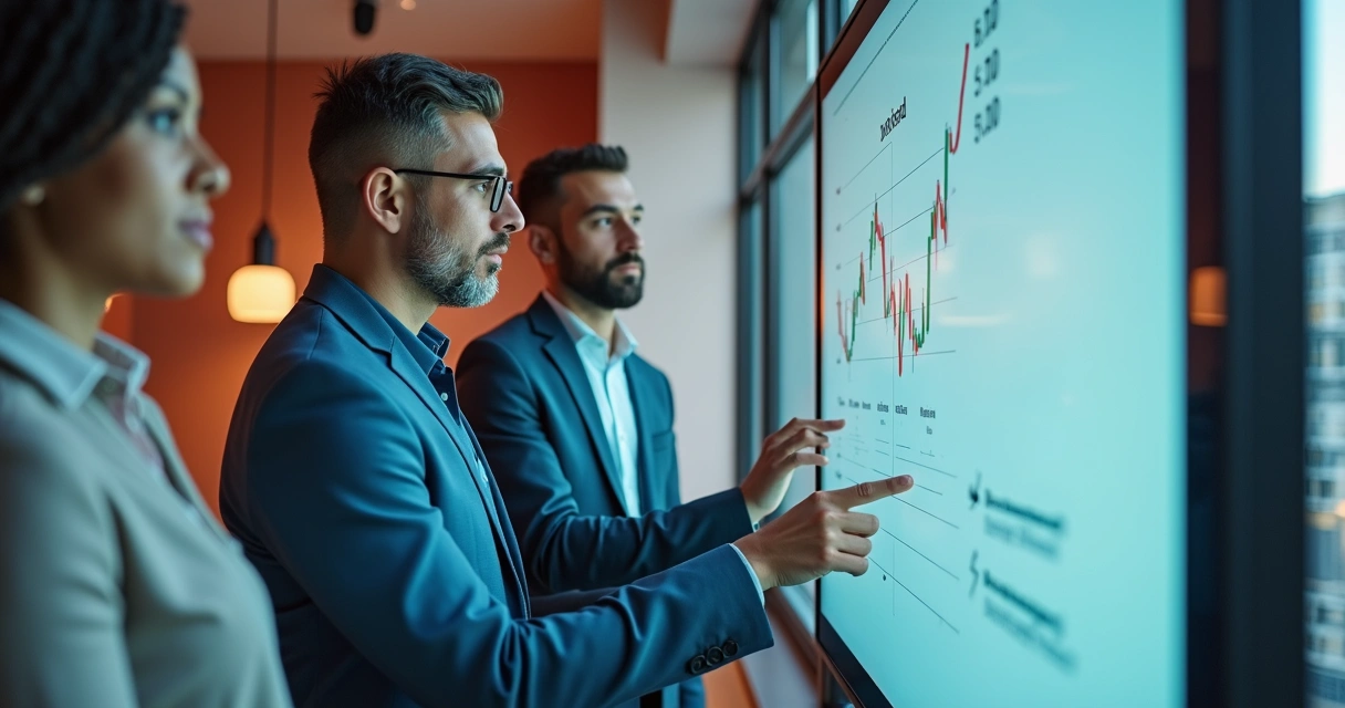 Profissionais utilizando tablets e quadros digitais em atividades de desenvolvimento