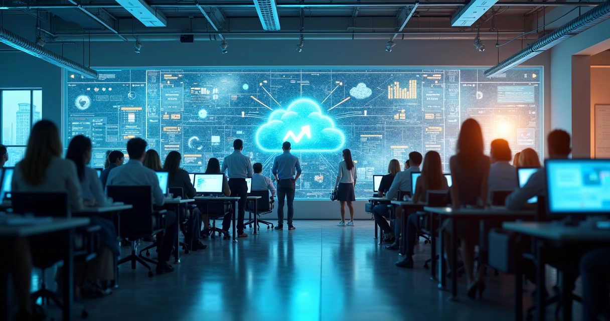 Ambiente profissional moderno com pessoas e agentes digitais em movimento, quadros de skills mudando e grandes janelas que mostram nuvens e conexões digitais